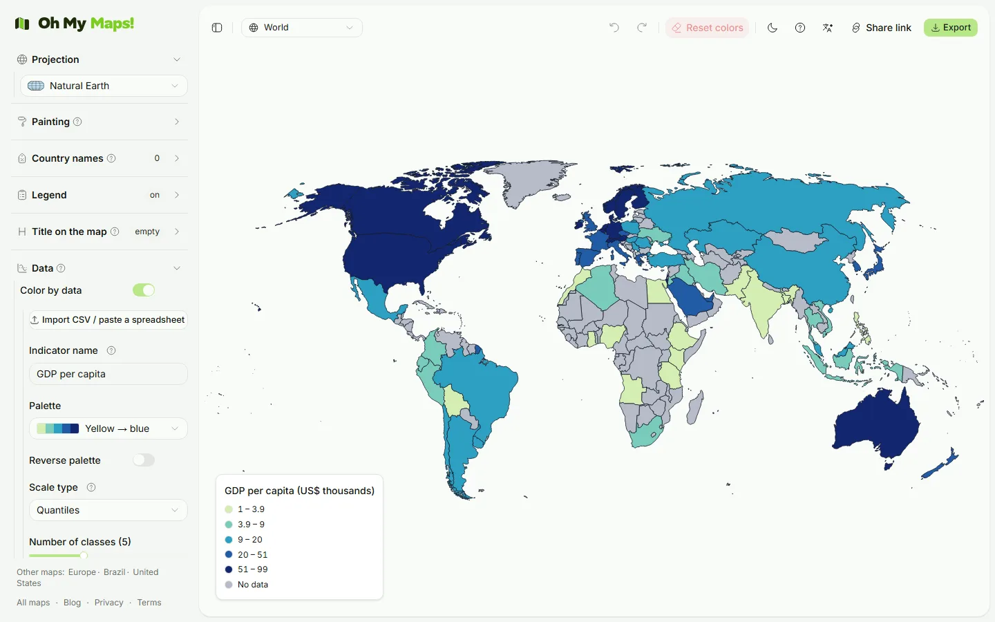 The Data panel in the sidebar controlling a choropleth map: the indicator name, a yellow-to-blue palette, a Quantiles scale type, a number-of-classes slider and a no-data colour, with the shaded map and legend beside it