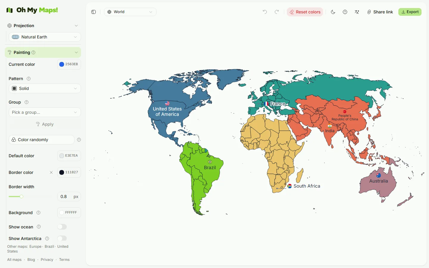 The Oh My Maps! world map editor interface: a colour-painted world map beside the left sidebar with the Painting, Country names, Legend and Data sections