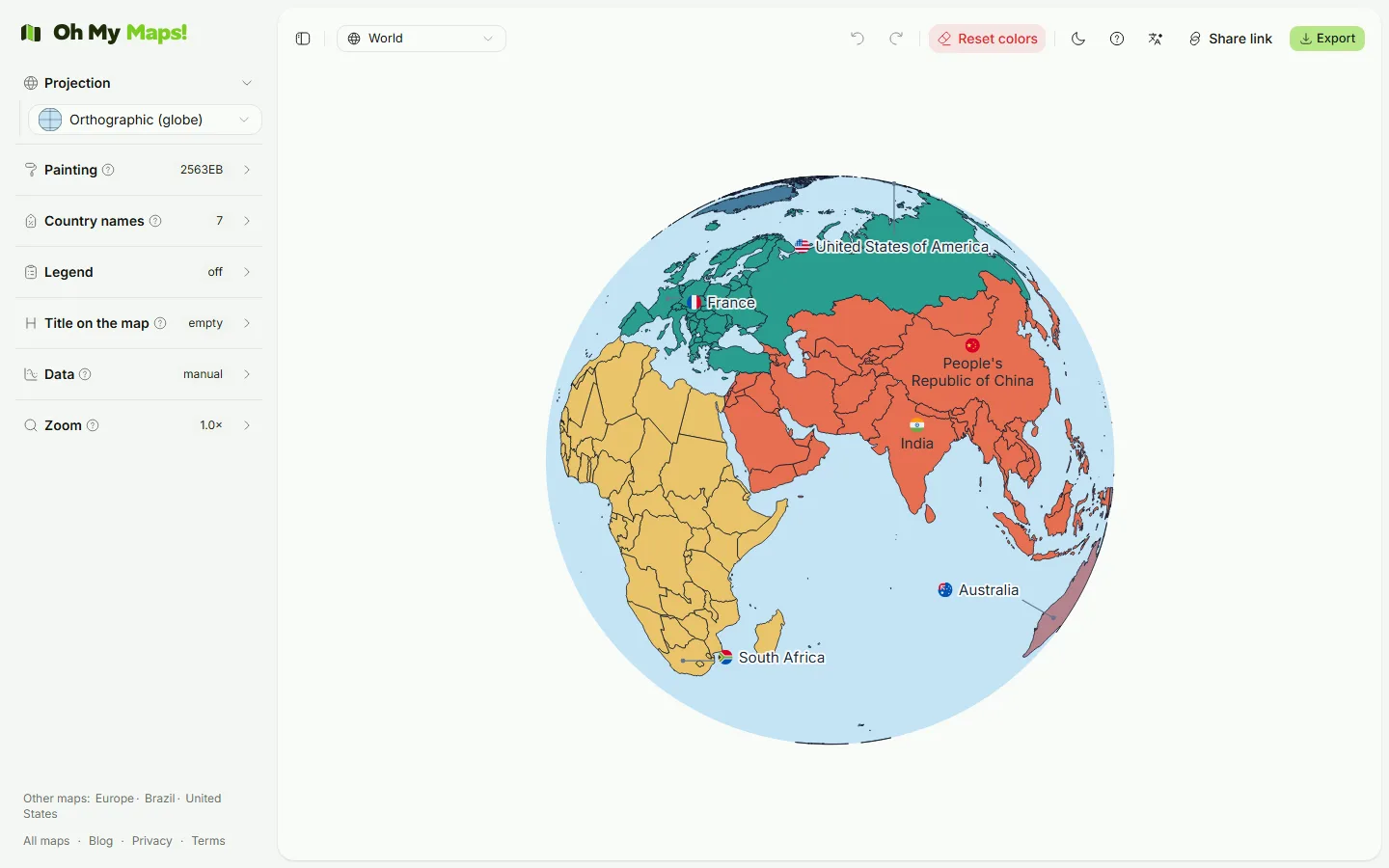 The Projection section of the sidebar with Orthographic selected, beside the coloured world map rendered as a rotatable globe
