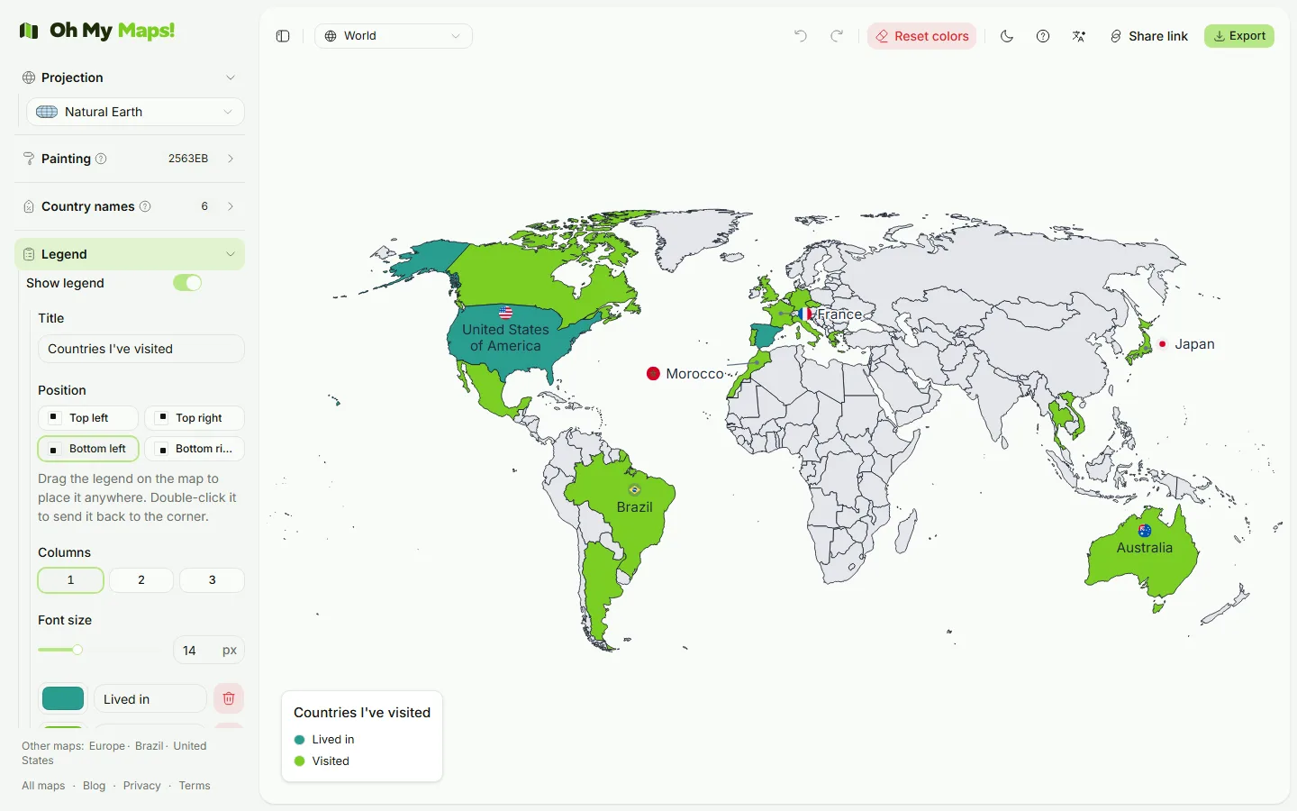 Editing the travel map legend in the sidebar: a title field reading “Countries I’ve visited”, corner position controls, and colour rows labelled “Lived in” and “Visited” matching the map